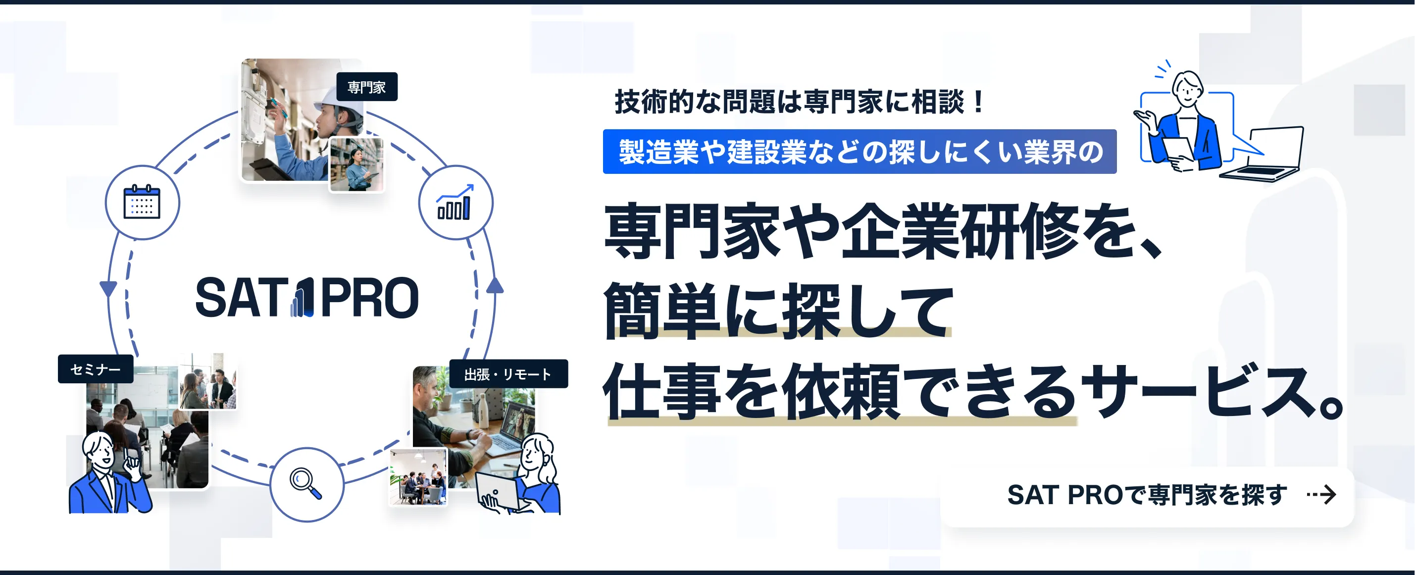 製造業や建設業などの探しにくい業界。専門家や企業研修を、簡単に探して仕事を依頼できるサービス。SATPRO